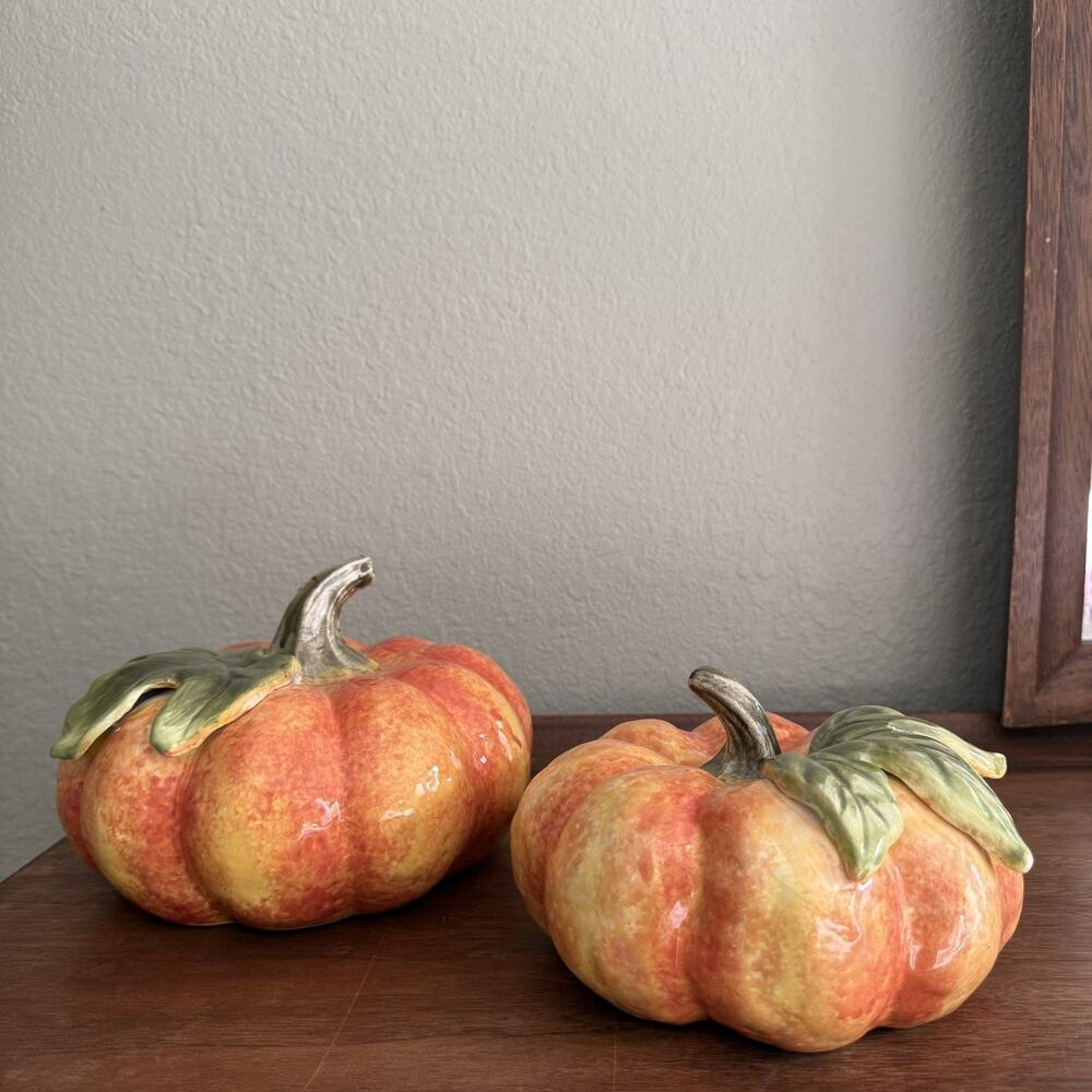 Glazed Ceramic Pumpkin Set of 2 Fall Thanksgiving Table Decor